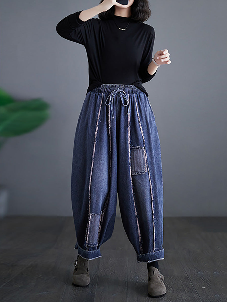 Women Summer Vintage Denim Patch Spliced Harem Pants