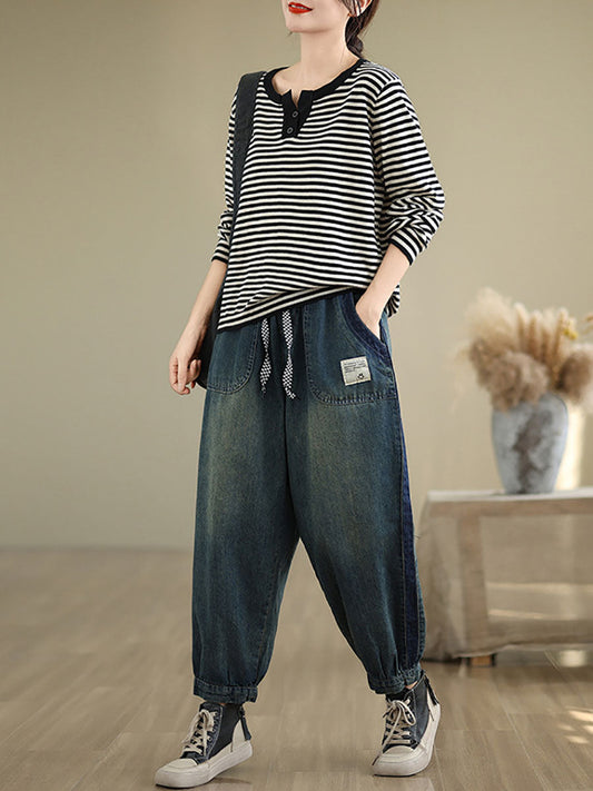 Women Casual Pockets Washed Denim Harem Pants