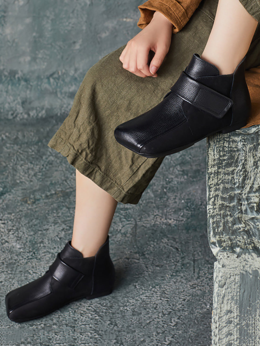 Women Artsy Leather Spliced Square Collar Ankle Boots