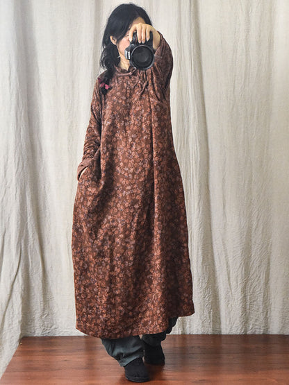 Women Autumn Worn Button Flower Loose Linen Dress