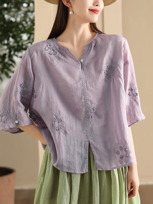 Women Summer Artsy Flower Embroidery Ramie Shirt