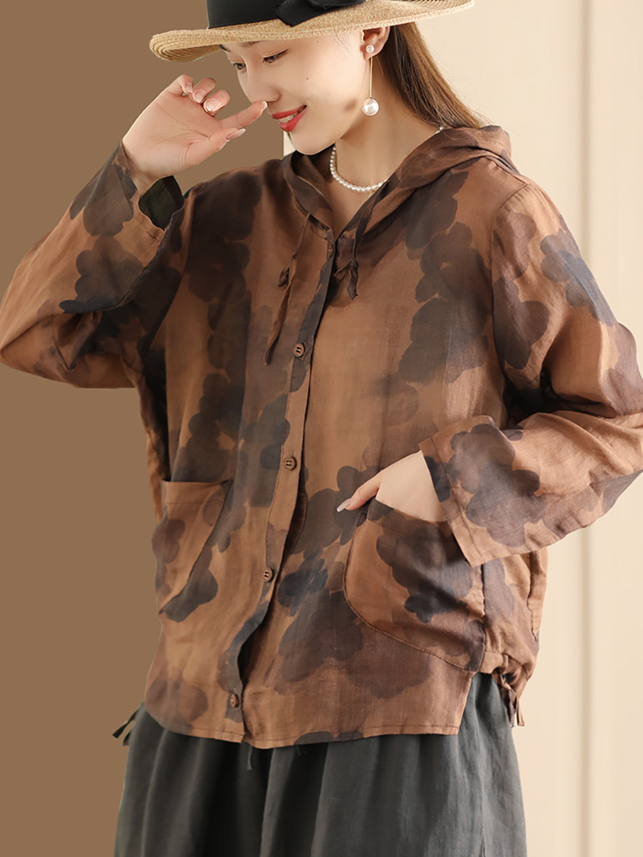 Women Spring Artsy Flower Button-Up Hooded Shirt