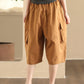 Women Summer Casual Solid Pocket Loose Cotton Fifth Pants