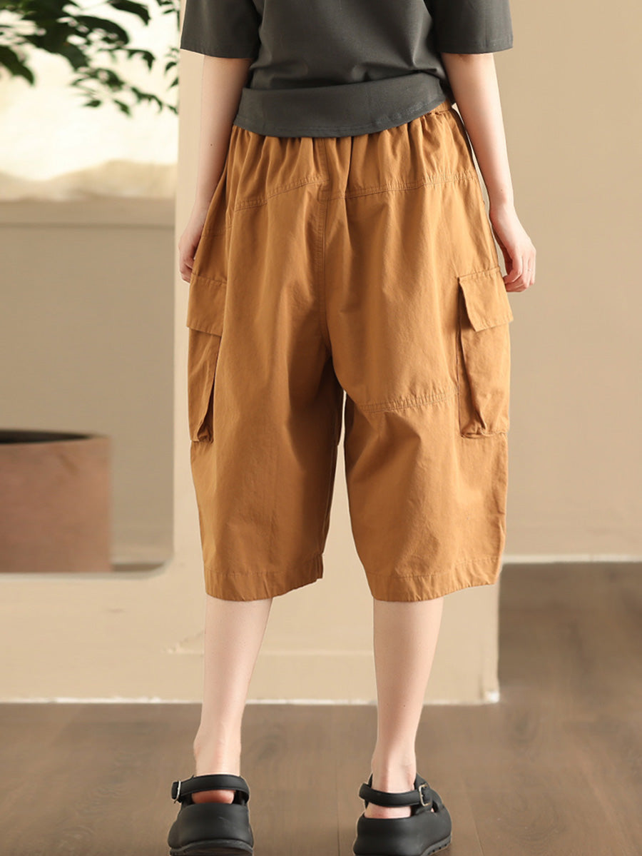 Women Summer Casual Solid Pocket Loose Cotton Fifth Pants