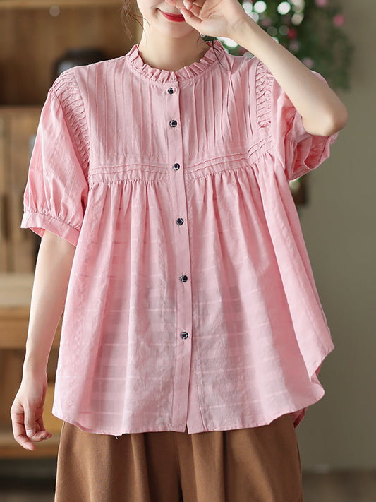 Women Artsy Shirred Stripe Cotton Agaric-Lace Shirt