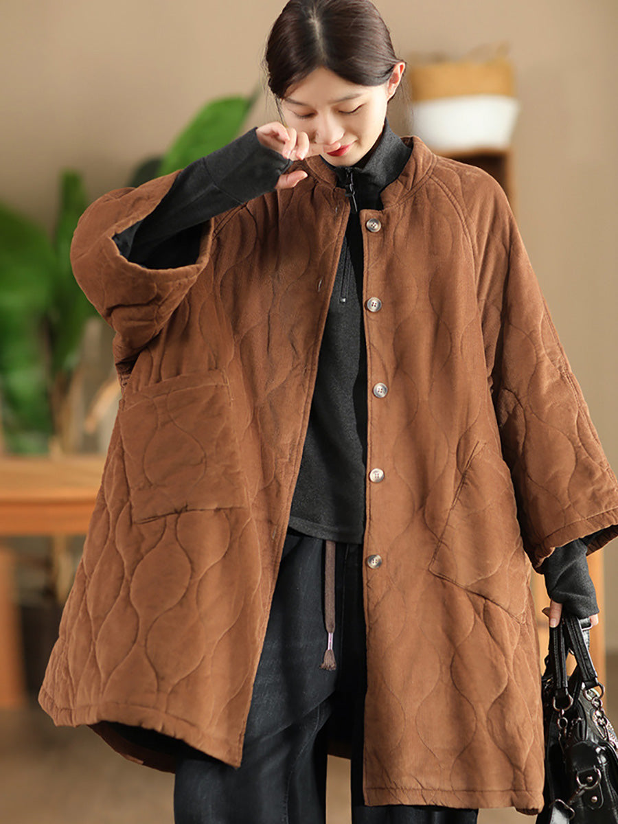 Women Autumn Casual Solid Corduroy Padded Coat