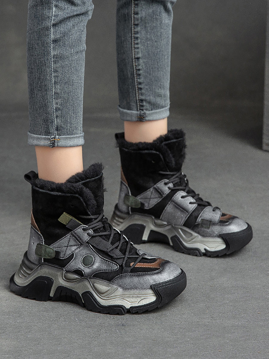 Women Vintage Leather Spliced Fleece-lined Platform Boots