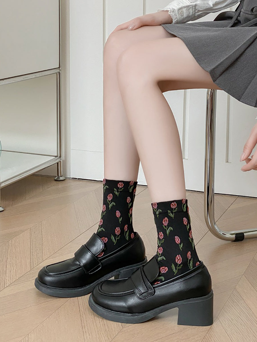 5 Pairs Women Tulip Jacquard Cotton Socks