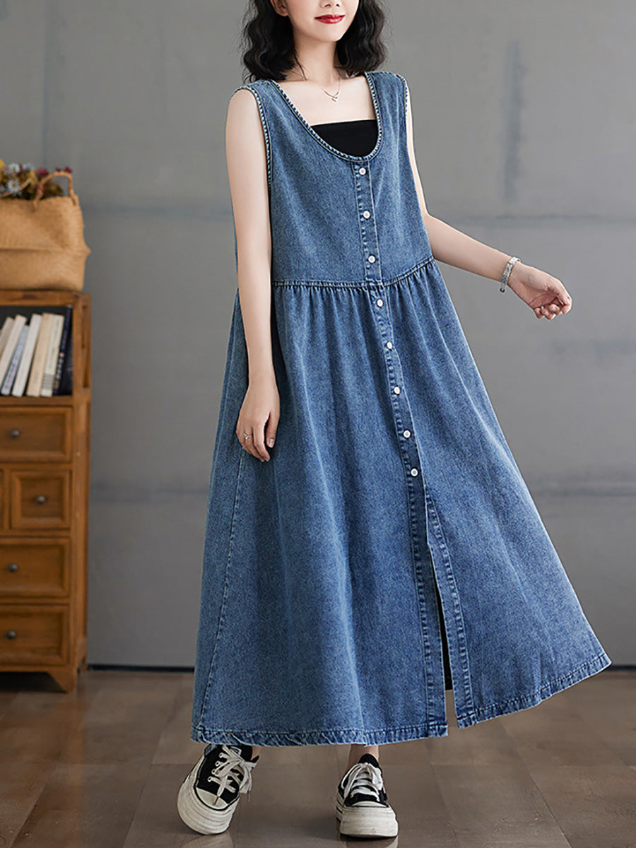 Women Casual Summer Denim A-Shape Loose Vest Dress