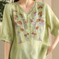 Women Summer Vintage Flower Embroidery Lace Ramie Shirt