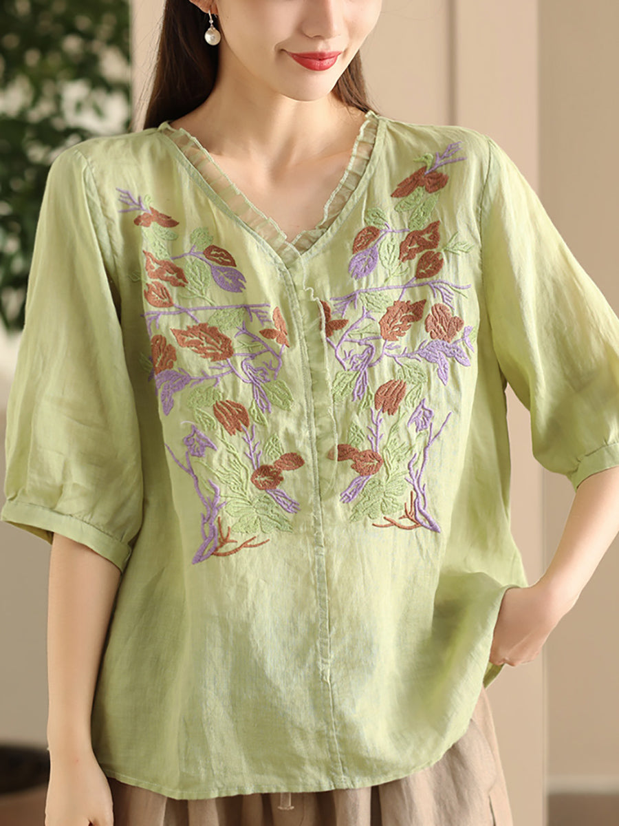 Women Summer Vintage Flower Embroidery Lace Ramie Shirt