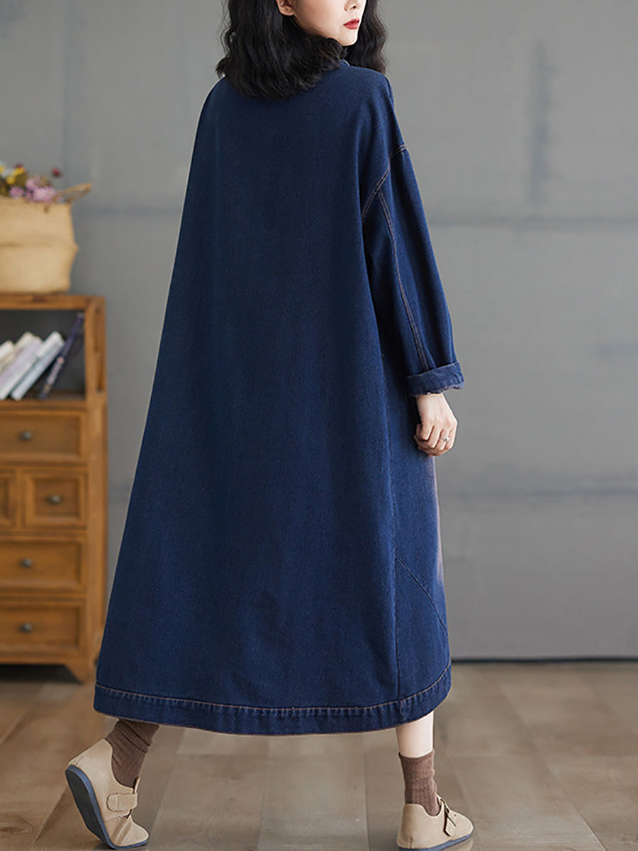 Women Autumn Worn V-Neck Washed Denim Long Coat