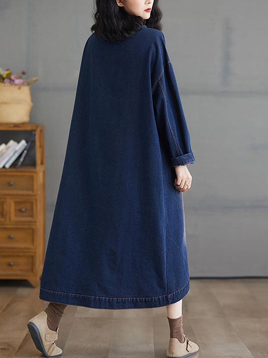 Women Autumn Worn V-Neck Washed Denim Long Coat