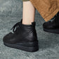 Women Vintage Genuine Leather Spliced Strap Mid-Heel Boots