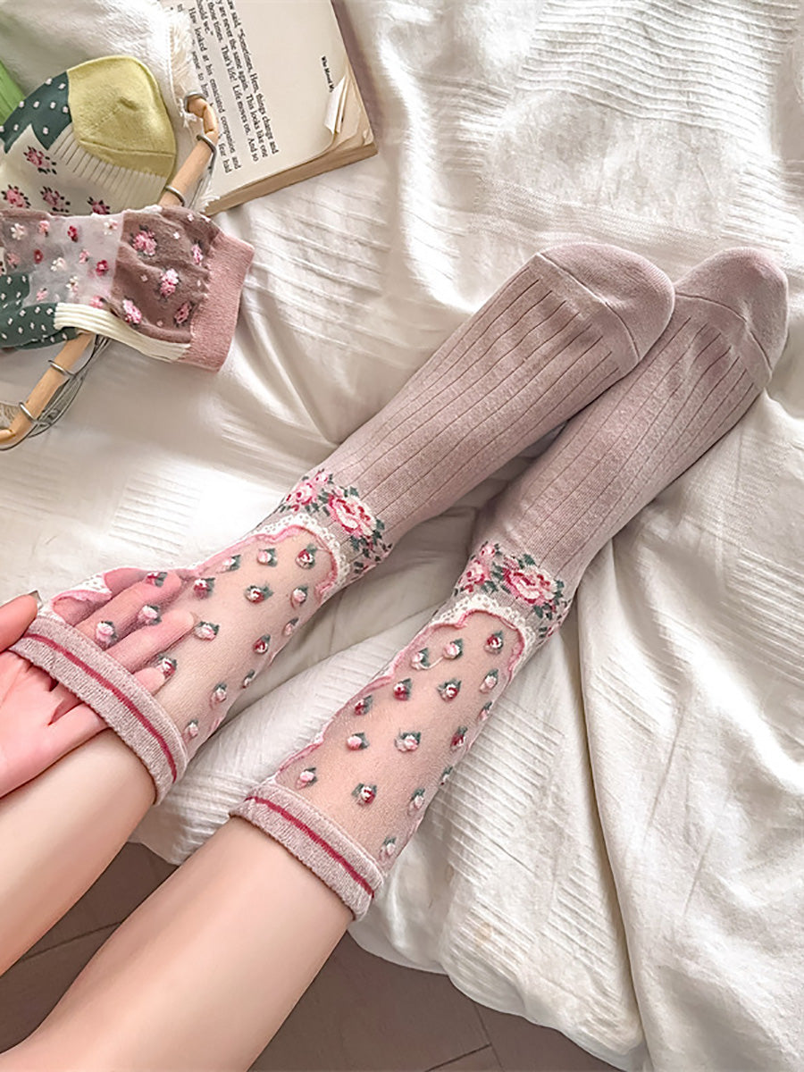 3 Pairs Women Artsy Floral Thin Socks