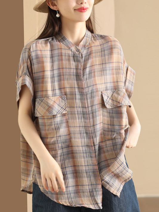 Women Summer Vintage Plaid Button-up Shirt