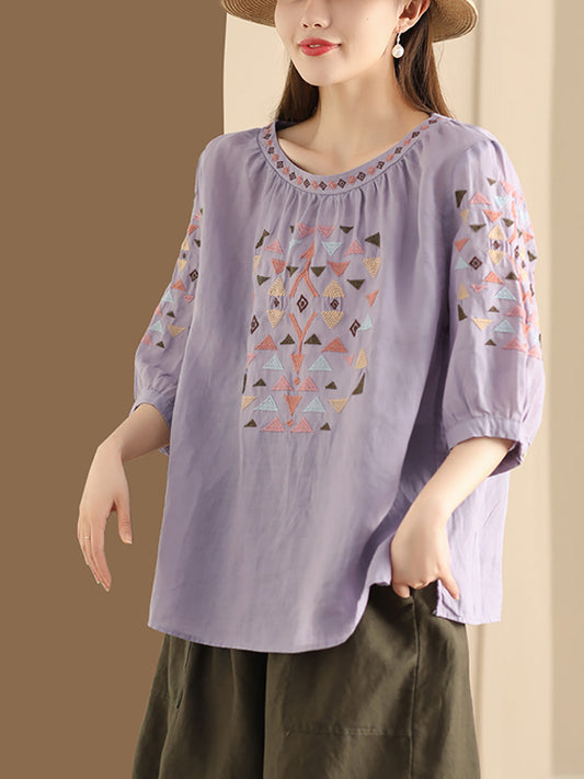 Women Summer Vintage Embroidery O-Neck Loose Ramie Shirt