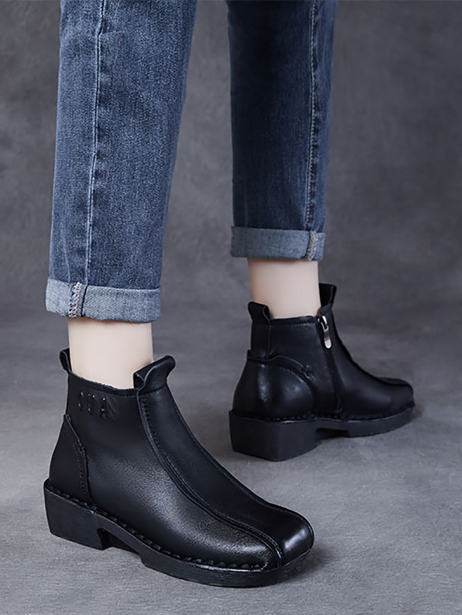 Women Autumn Genuine Leather Spliced Mid-Heel Boots