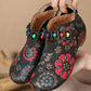 Women Ethnic Flower Embossing Leather Bead Low Heel Shoes