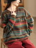 Women Casual Autumn Colorblock Stripe O-Neck Cotton Sweatshirt