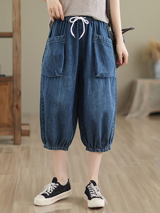 Women Summer Casual Solid Denim Harem Mid-claf Pants