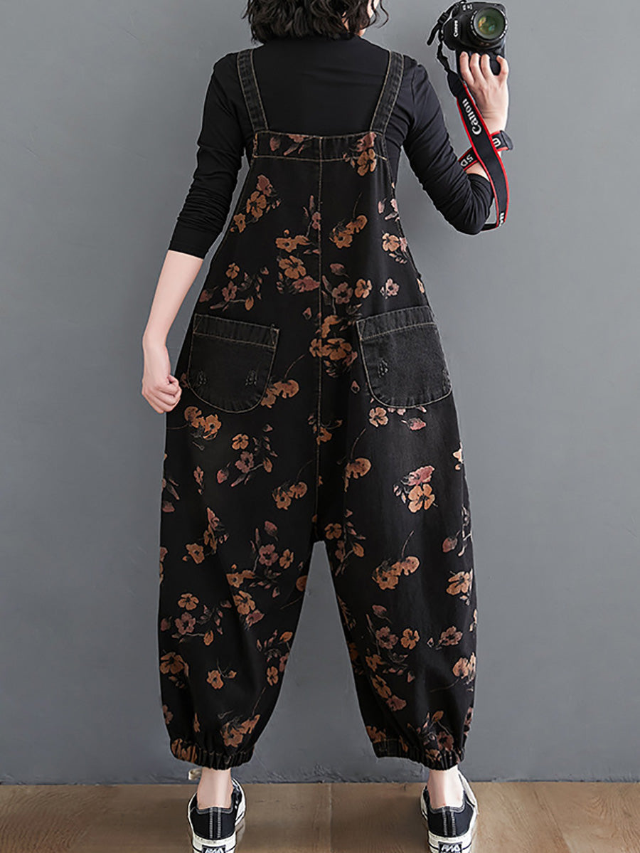 Women Autumn Worn Flower Patchwork Loose Denim Jumpsuits