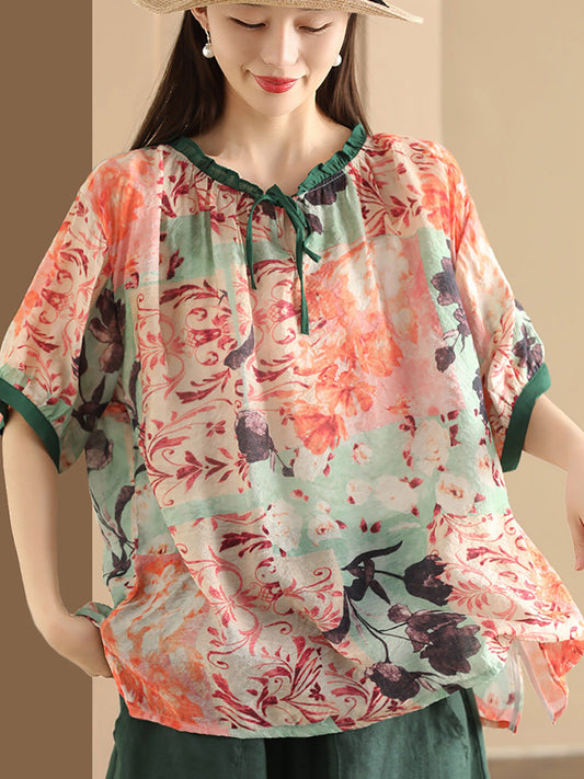 Women Summer Artsy Print Strap Loose Linen Shirt