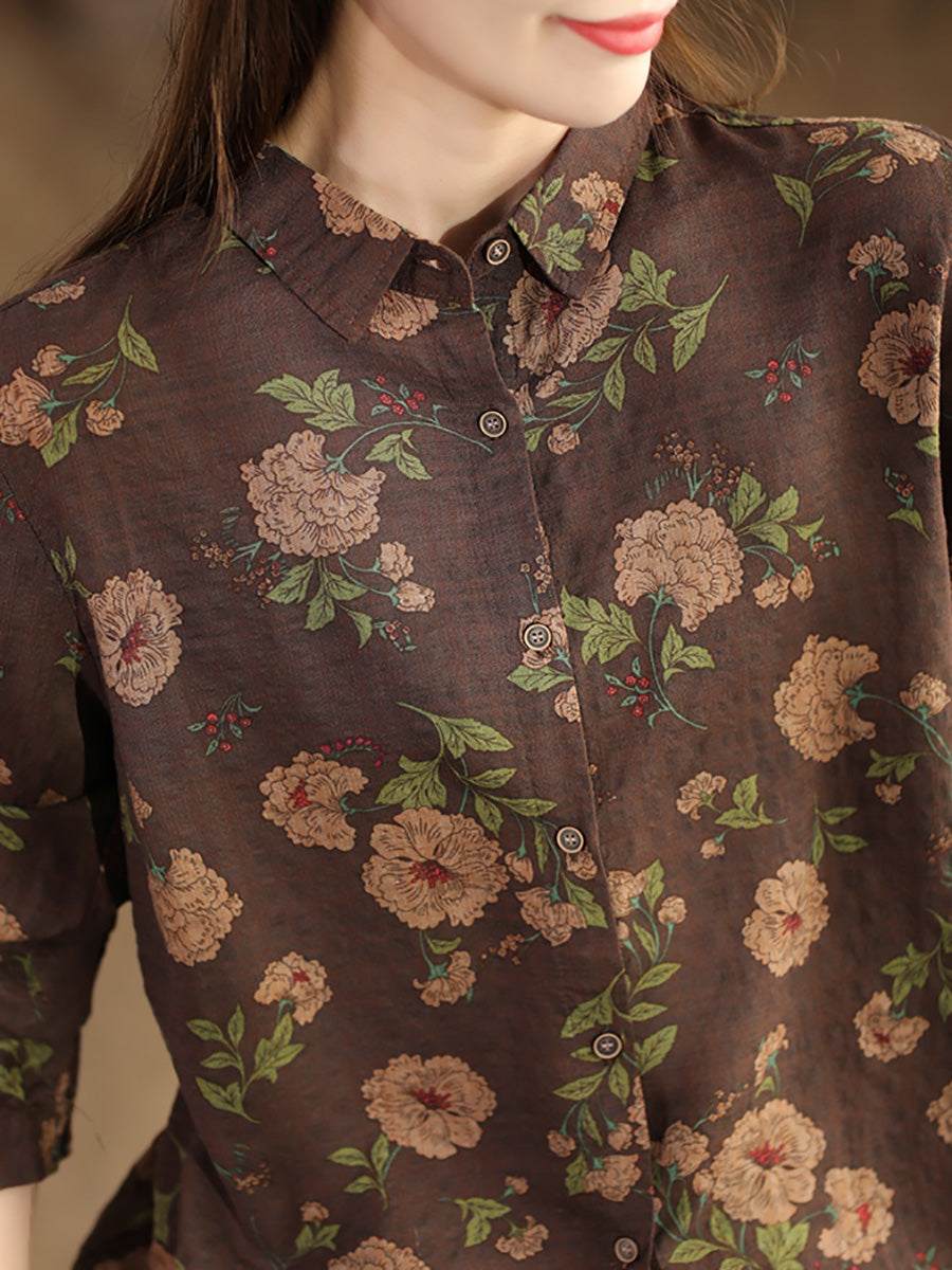 Women Autumn Vintage Flower Button-up Shirt