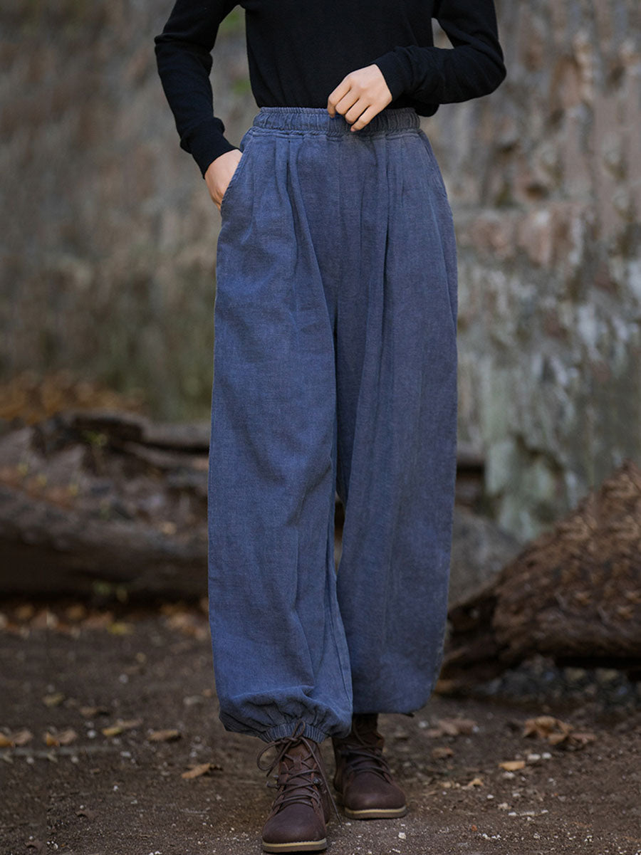 Women Vintage Autumn Solid Loose Ramie Cuffed Pants