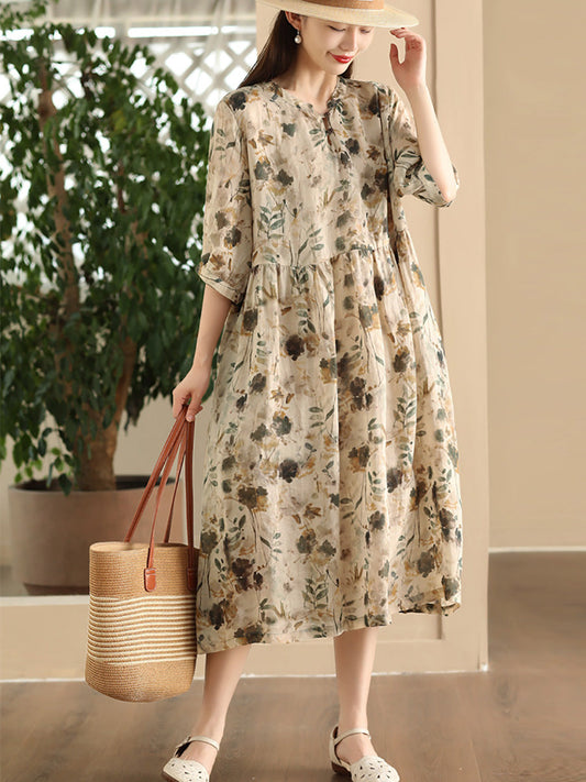 Women Summer Artsy Floral V-Neck Loose Ramie Dress