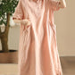 Women Summer Casual Solid Loose Polo Collar Linen Dress