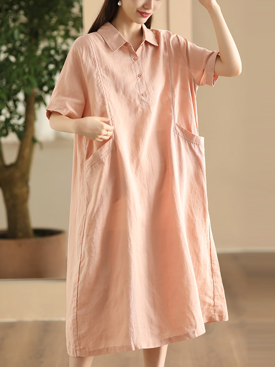 Women Summer Casual Solid Loose Polo Collar Linen Dress