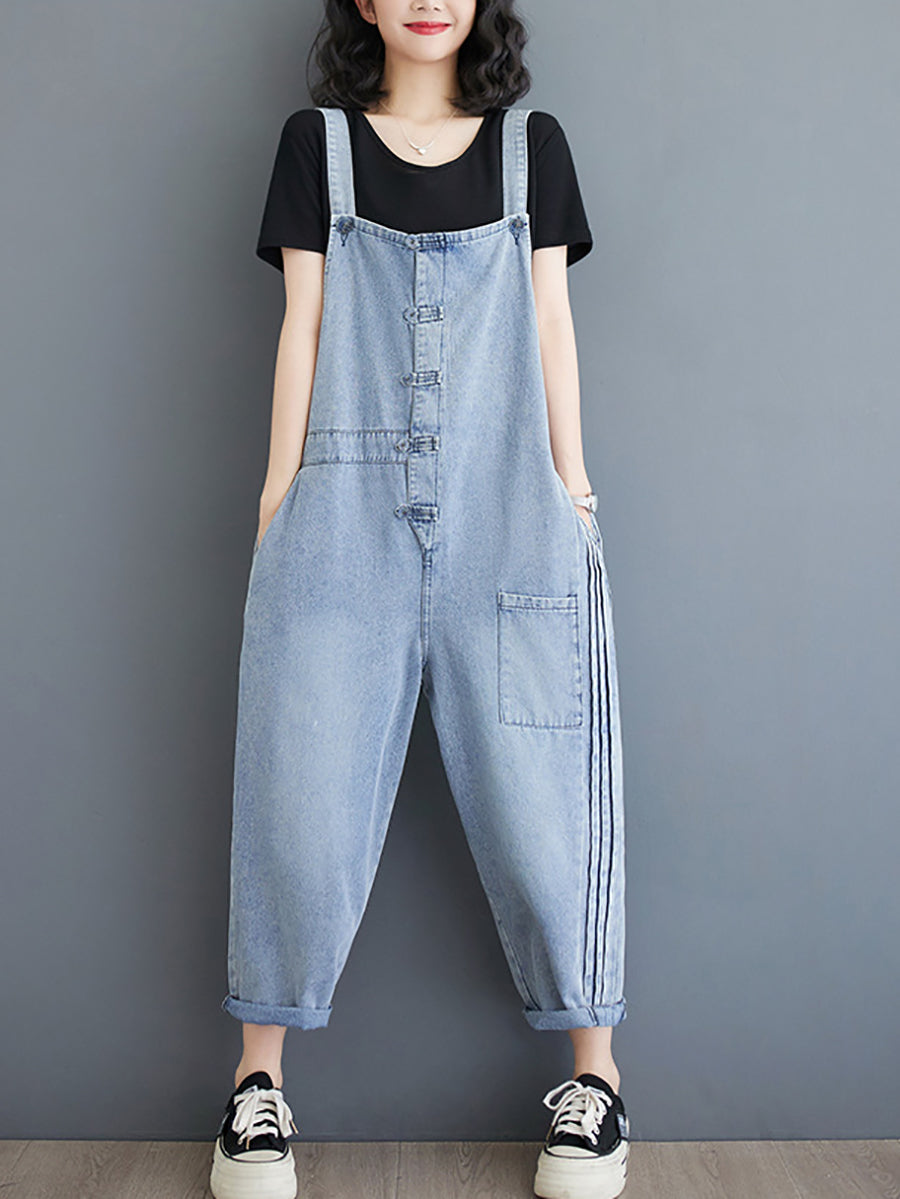 Women Summer Casual Solid Denim Shirred Jumpsuits