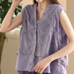 Women Summer Ethnic Embroidery Button-up Spliced Ramie Vest