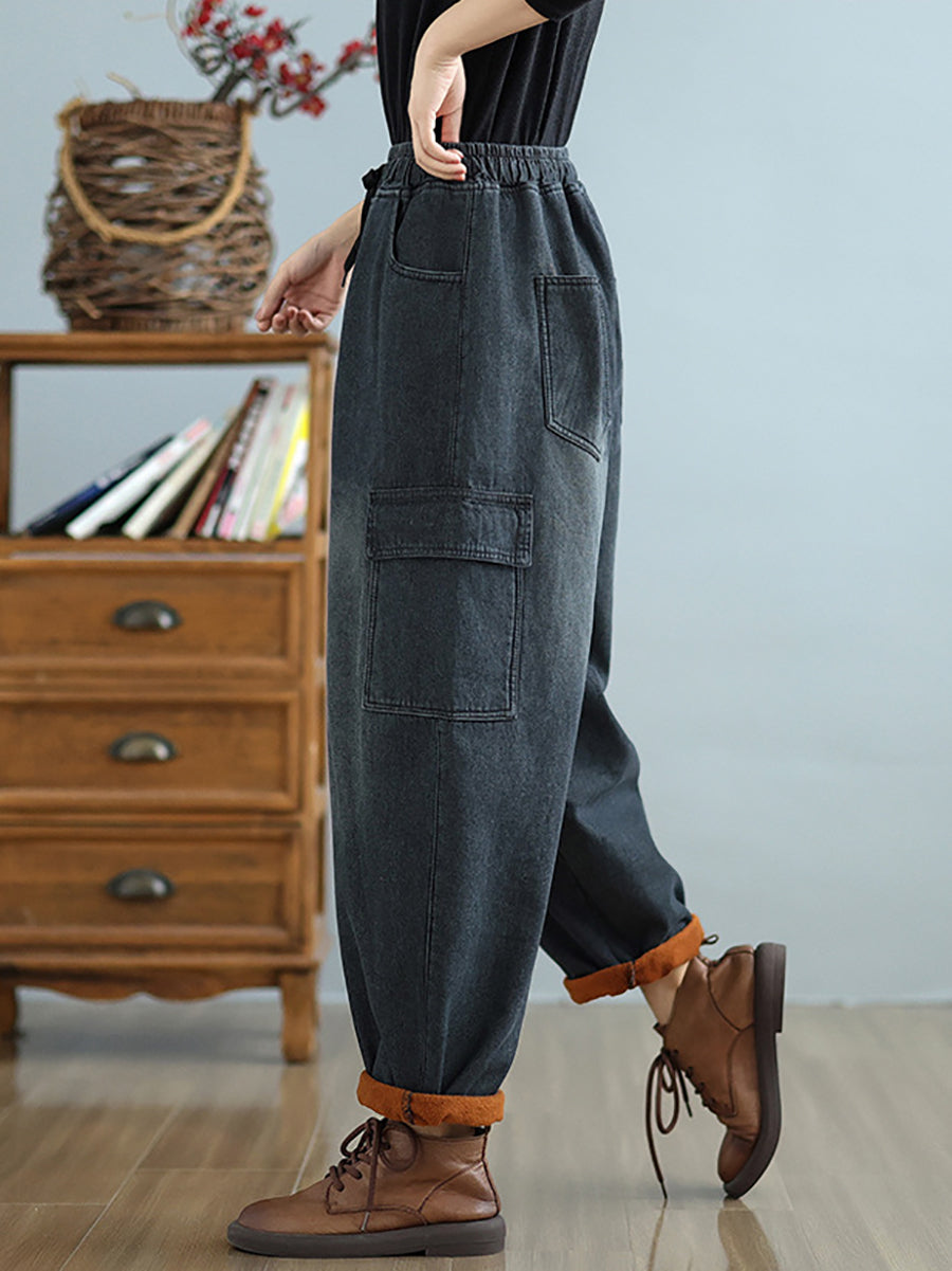 Women Winter Casual Fleece-lined Denim Harem Pants