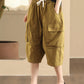 Women Summer Casual Solid Pocket Loose Cotton Fifth Pants