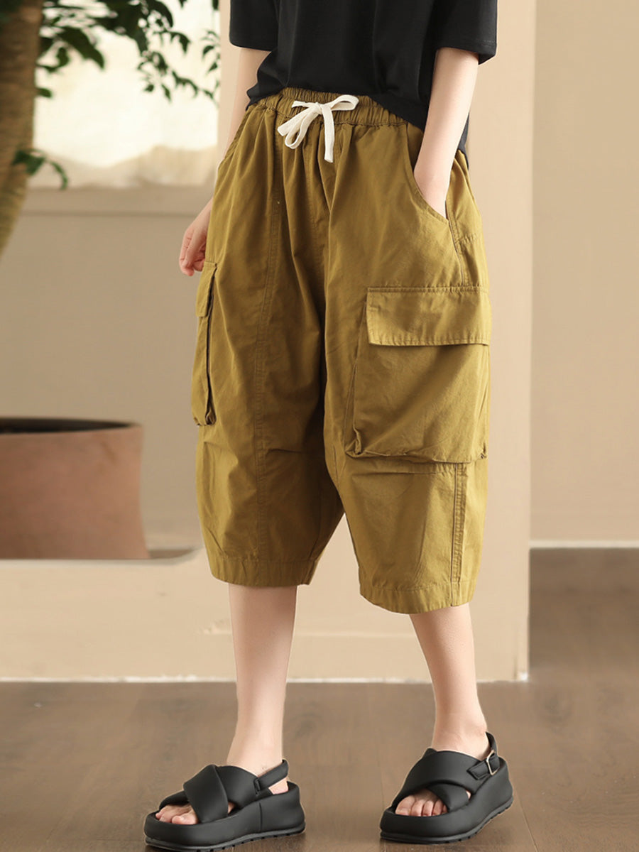 Women Summer Casual Solid Pocket Loose Cotton Fifth Pants