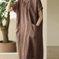 Women Summer Casual Solid Pocket O-Neck Linen Dress