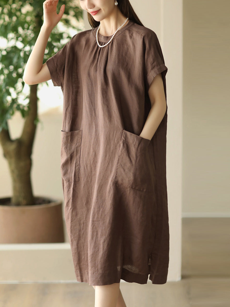 Women Summer Casual Solid Pocket O-Neck Linen Dress