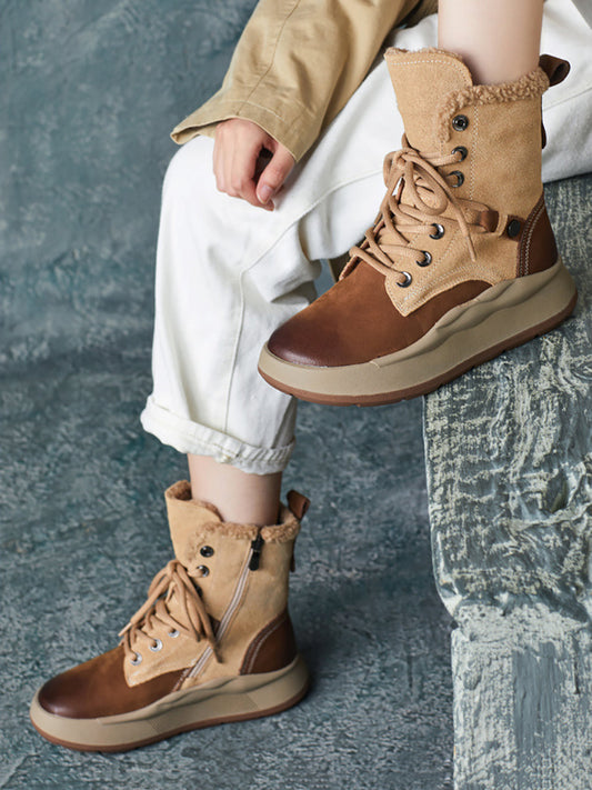 Women Vintage Winter Leather Colorblock Spliced Fleece-lined Boots