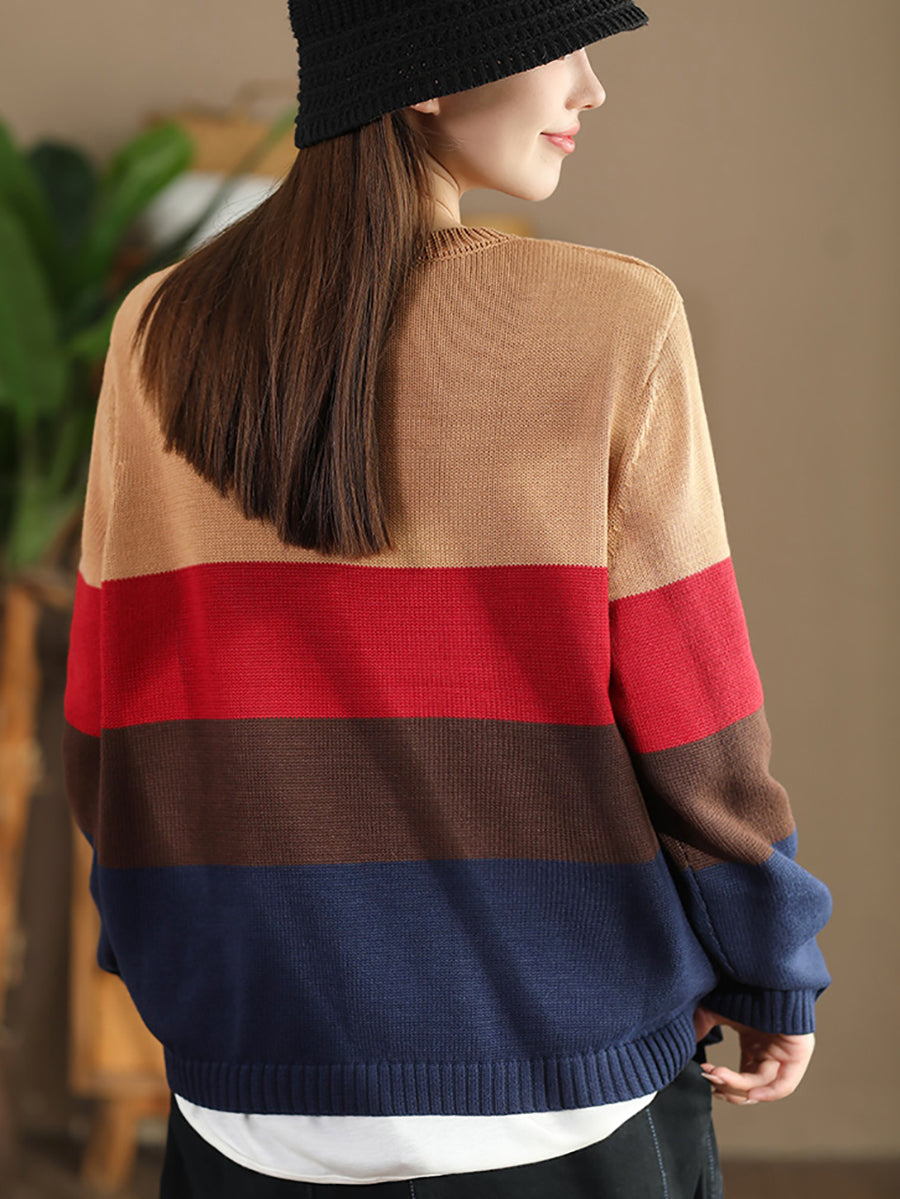 Women Autumn Colorblock V-Neck Knit Sweater