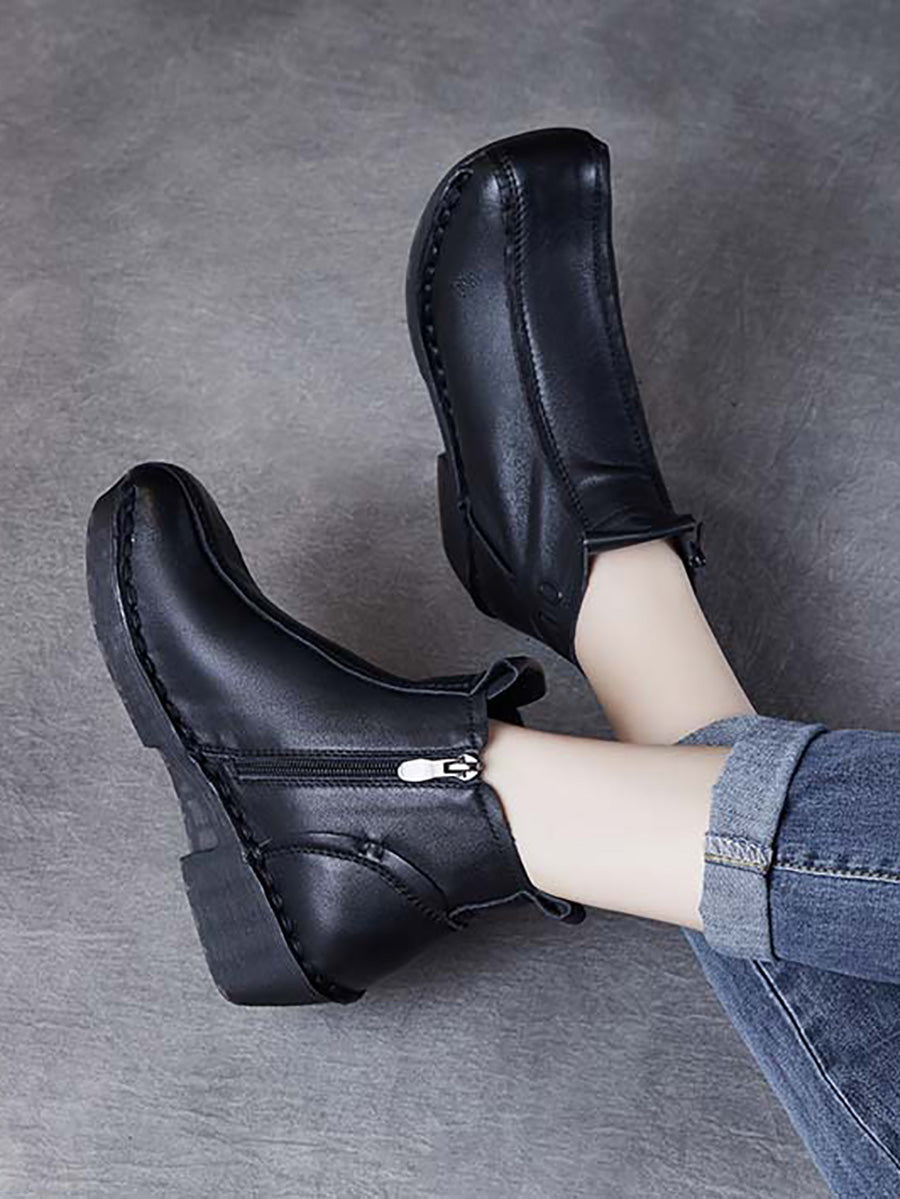 Women Autumn Genuine Leather Spliced Mid-Heel Boots