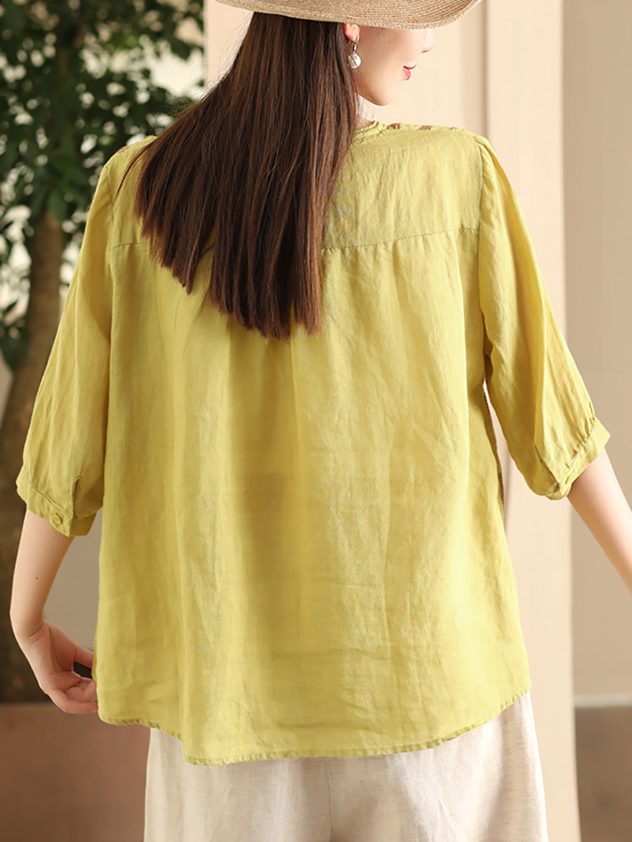 Women Summer Artsy Embroidery V-Neck Ramie Shirt