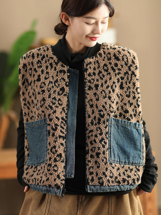 Women Autumn Retro Leopard O-Neck Dual-side Wearing Vest