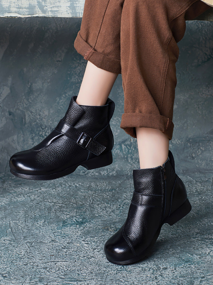 Women Vintage Autumn Soft Leather Buckle Low Heel Boots