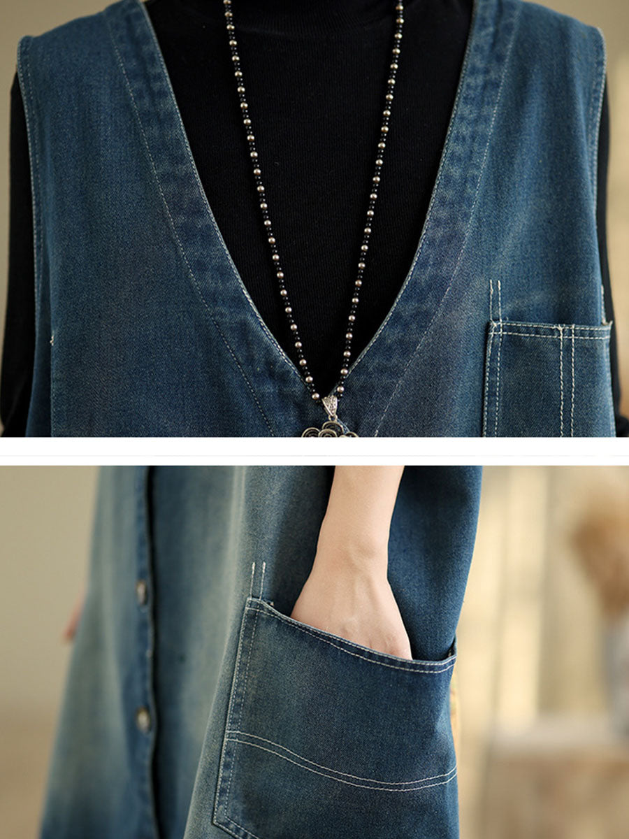 Women Casual Summer Spliced V-Neck Button-up Denim Vest Coat