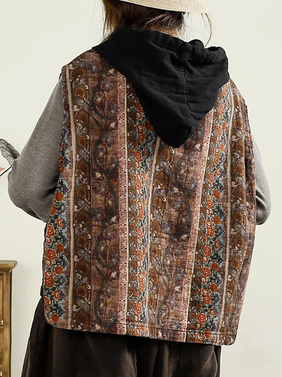 Women Autumn Vintage Flower Spliced Hooded Cotton Vest