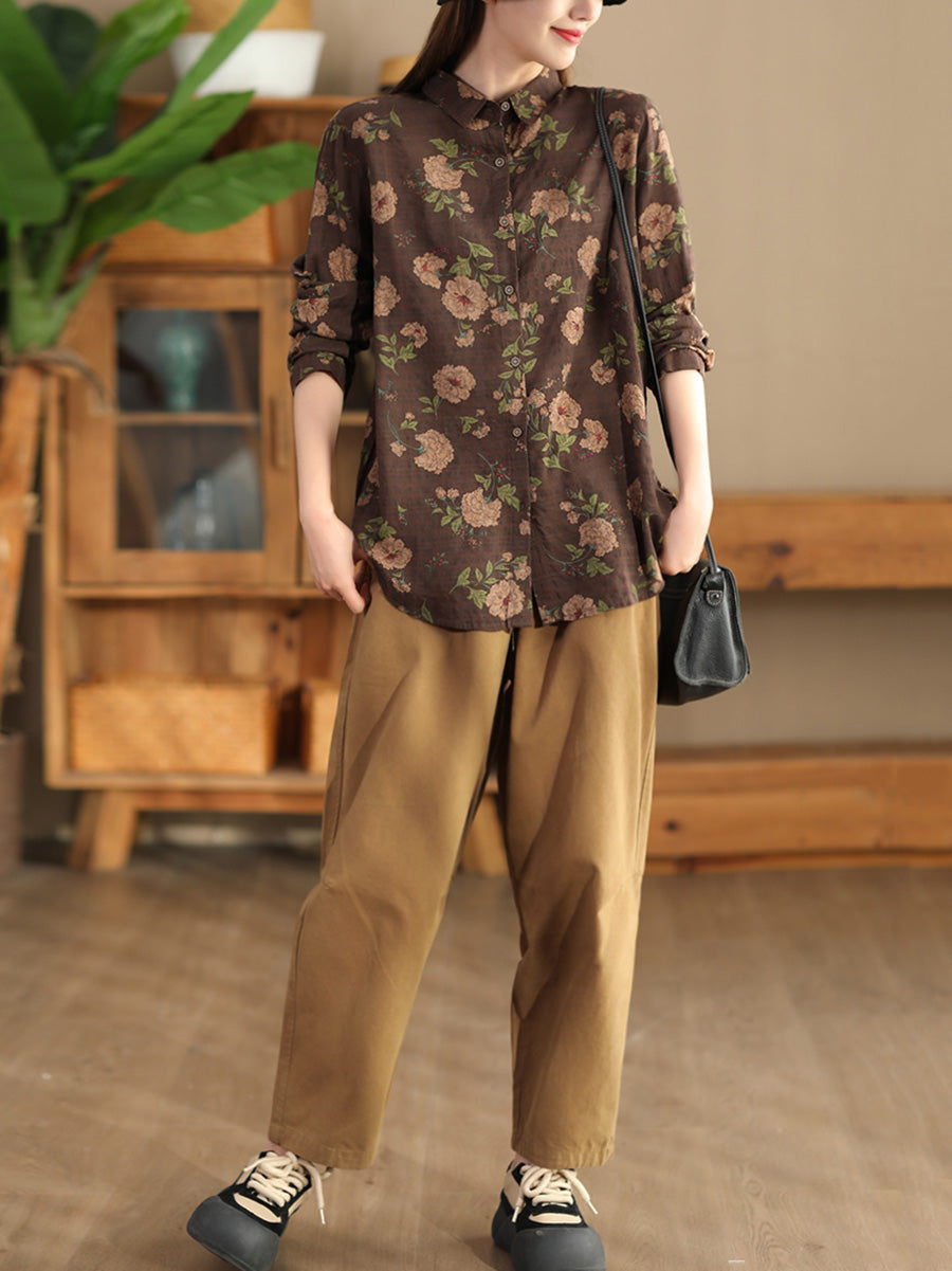 Women Autumn Vintage Flower Button-up Shirt