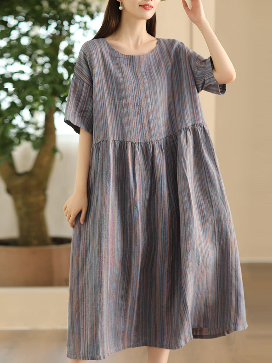 Women Summer Artsy Stripe Loose Linen Dress