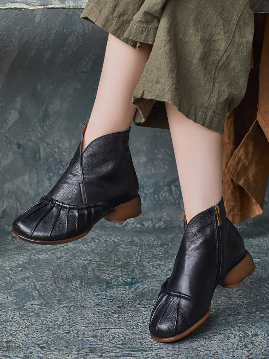 Women Vintage Autumn Shirred Low Heel Ankle Boots